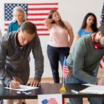 Realtor guiding a couple through the home-buying process in the USA