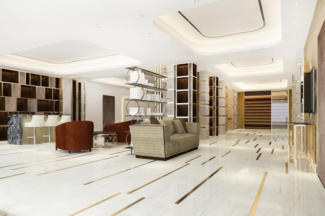 Elegant living room after luxury home renovation with chandelier, marble floors, and custom furniture