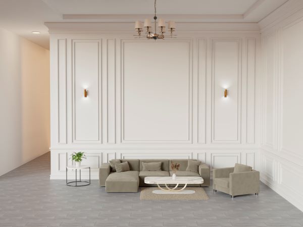 Elegant white wainscoting panels in a modern living room interior